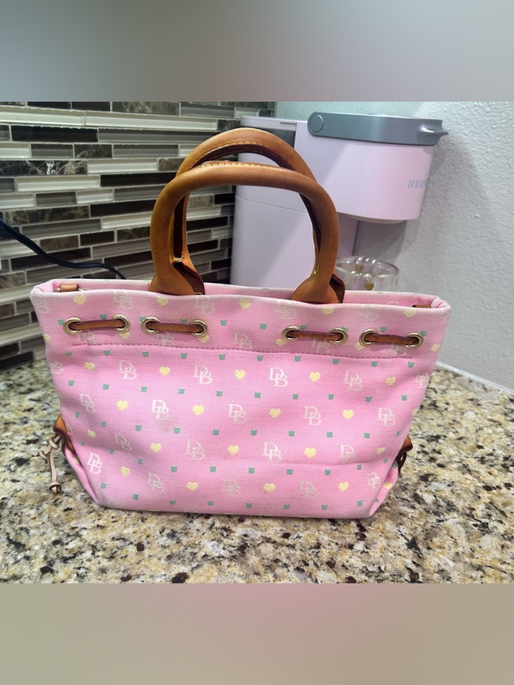Dooney & Bourke Pink Canvas Heart Logo Tote with Tan Leather Trim - Picture 2 of 6